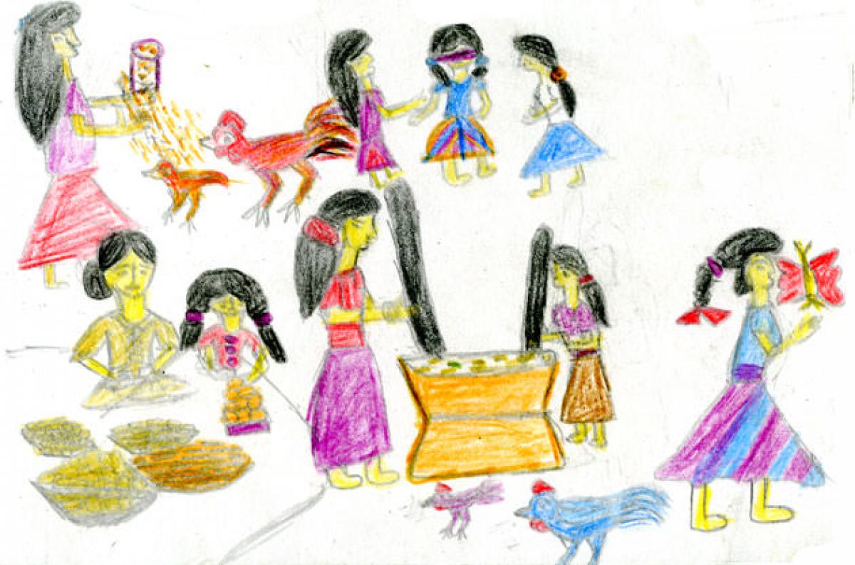 Kinderzeichnung aus Bangladesch: vom Leben der BergvÃ¶lker (hill tribes).