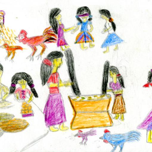 Kinderzeichnung aus Bangladesch: vom Leben der BergvÃ¶lker (hill tribes).